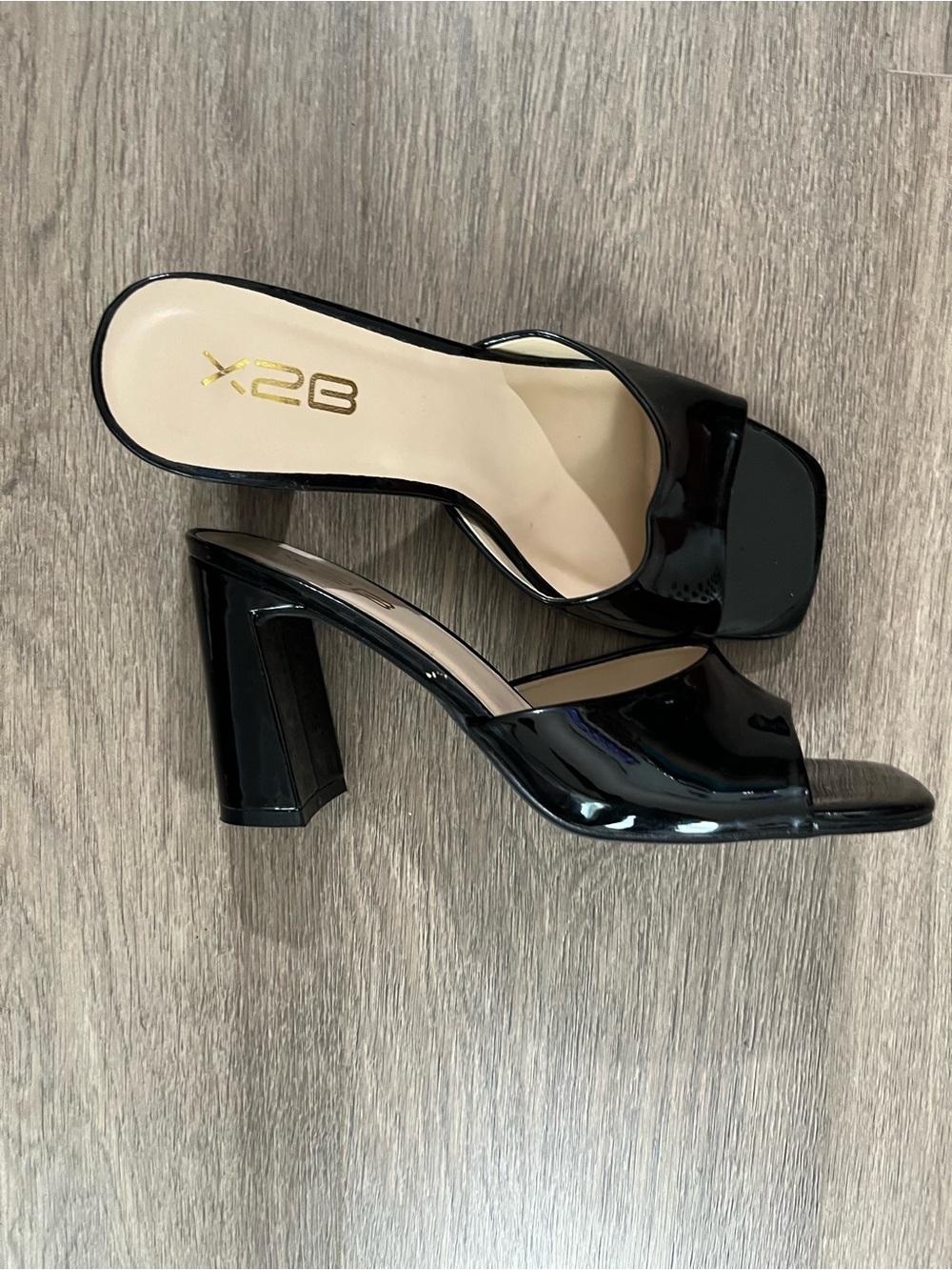 X2B Black Patent Square-Toe Slide Mules size 10